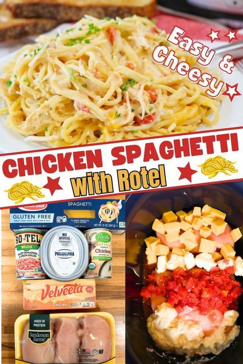 Treat yourself to the ultimate comfort food with this slow cooker chicken spaghetti from Crock Pots and Flip Flops, made with zesty Rotel tomatoes! It's an easy and hearty, crockpot dish that's perfect for busy weeknights. Creamy, cheesy, and bursting with flavor, this recipe is sure to become a family lunch or dinner favorite in no time. Enjoy the deliciousness! Recipe For Chicken Spaghetti, Slow Cooker Chicken Spaghetti, Chicken Spaghetti Recipe Crockpot, Spaghetti With Rotel, Chicken Spaghetti With Rotel, Rotel Chicken Spaghetti, Easy Chicken Spaghetti, Crockpot Chicken Spaghetti, Rotel Recipes