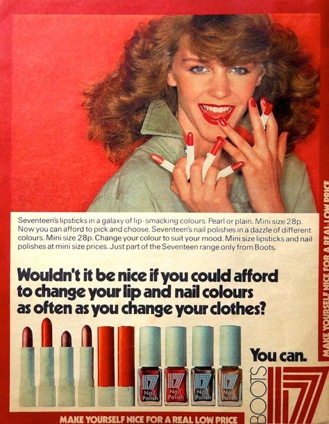 Boots 17 Nail Polish & Lipstick Ad, 1980's 80s Nail Polish, Nail Polish Ads, Seventeen Makeup, 1980s Theme, 90s Ads, 1980s Makeup, Boots Chemist, Teenage Memories, Lipstick Ad