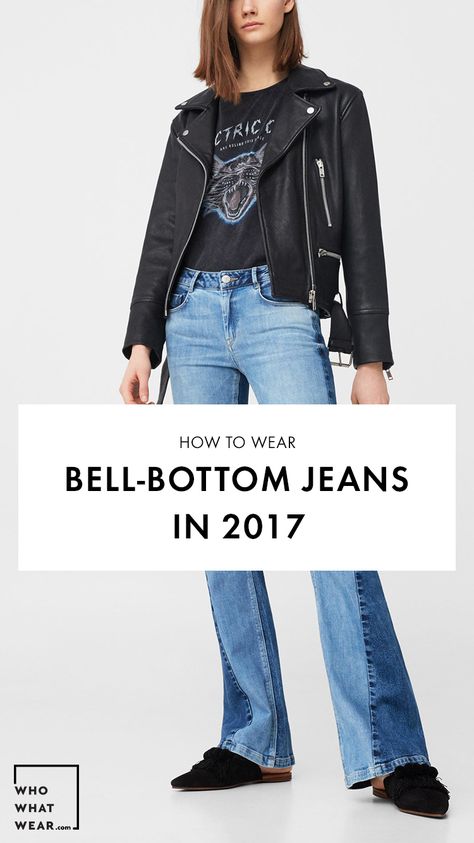 Bell-bottom jeans are back—here's how to wear them in 2017 Bell Bottom Jeans Street Style, Bell Bottom Jeans 2022, Bell Bottom Jeans Dark Wash, Dark Blue Bell Bottom Jeans, High-waisted Denim Flare Jeans With Button Closure, 70s Denim, Bulky Sweaters, Retro Jeans, Denim Fashion Women