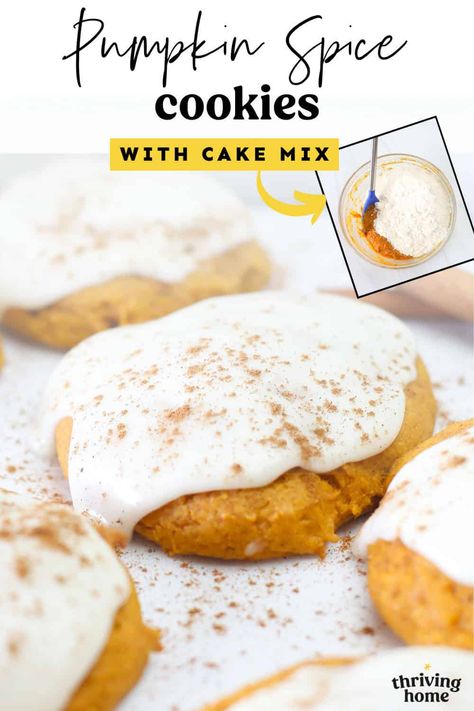 Pumpkin spice cake mix cookies are an easy fall treat bursting with warm spices and sweet pumpkin flavor. Whether made with boxed cake mix from the store or homemade Yellow Cake Mix, they come together quickly and are topped with a creamy vanilla icing for the perfect touch of sweetness. Ideal for cozy days or seasonal gatherings, they’re sure to be a favorite! Vanilla Cake Mix Cookies, Spice Cake Mix Cookies, Pumpkin Spice Cake Mix, Pumpkin Cake Mix Cookies, Homemade Yellow Cake, Yellow Cake Mix Recipes, Spice Cake Mix And Pumpkin, Pumpkin Spice Cookies, Pumpkin Spice Cake