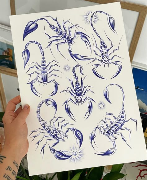 Blue Scorpion Tattoo, Scorpio Drawing Art, Scorpion Tattoo Ideas, Scorpion Illustration, Flash Card Ideas, Blue Scorpion, Tatus Ideas, Scorpio Tattoos, Flash Tatoos