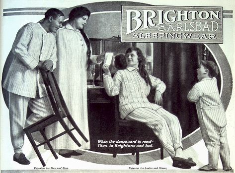 Ad for Brighton Carlsbad Sleepingwear, Ladies' Home Journal, October, 1917, p. 141. Journal October, Ladies Home Journal, Home Journal, Little Flowers, Mens Pajamas, Corsets, Dracula, Pink Cotton, Victorian Fashion