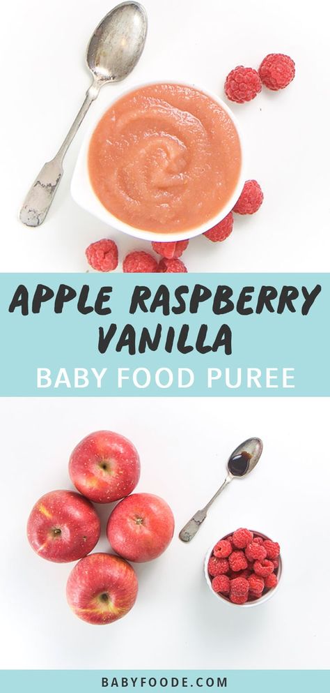 This Apple, Raspberry + Vanilla Baby Food Puree is a great way to introduce baby to antioxidant rich raspberries. Filled with sweet apples, tart raspberries and a touch of flavorful vanilla, this puree is a delicious and nutritious homemade puree for baby. #babyfood #stage2 #apple #puree Apple Baby Food, Baby Food Puree, Apple Puree, Making Baby Food, Diy Baby Food, Sweet Apples, Easy Baby Food Recipes, Baby Bullet, Baby Led Weaning Recipes