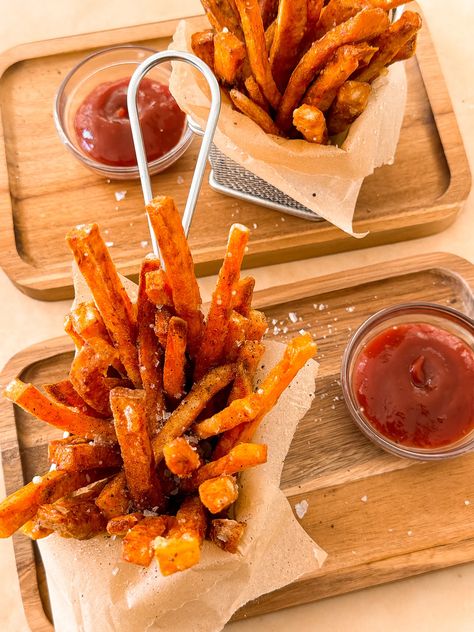 Extra Crispy Sweet Potato Fries | Moribyan Truffle Sweet Potato Fries, Cheese Fatayer, Twix Cookie, Mocha Sauce, Loaded Baked Sweet Potato, Party Potatoes, Garlic Parmesan Fries, Baked Sweet Potato Fries, Parmesan Fries