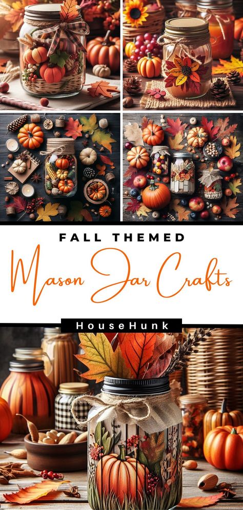 Mason Jar Thanksgiving Crafts, Fall Decor Mason Jars, Mason Jar Halloween Crafts Easy Diy, Upcycled Fall Decorations, Glass Jar Pumpkins, Spaghetti Jar Crafts, Fall Crafts With Mason Jars, Halloween Mason Jar Ideas, Fall Jars Decorations