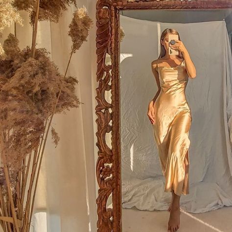 Gold Dress Long Classy, Champagne Gold Dress, Beige Silk Dress, Gold Dresses Long, Gold Slip Dress, Gold Satin Dress, Gold Silk Dress, Gold Floral Dress, Champagne Color Dress