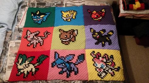 I Crocheted an Eeveelution Blanket Motifs Afghans, Pokemon Blanket, Pokemon Crochet, Pokemon Crochet Pattern, Character Blankets, Crochet Pokemon, Pokemon Craft, Crochet Geek, C2c Crochet