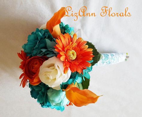 ORANGE TEAL IVORY Silk Real Touch Flowers Wedding Bouquet | Etsy Teal And Ivory Wedding, Flowers Wilting, Dark Teal Weddings, Ivory Wedding Bouquet, Ivory Bouquet Wedding, Prom Bouquet, Flowers Wedding Bouquet, Orange Bouquets, Elegant Bouquet