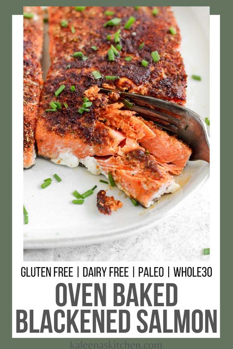 This baked blackened salmon recipe uses simple ingredients to make a perfectly baked cajun-inspired dish in under 20 minutes. Cajun Salmon Recipes Baked, Baked Blackened Salmon, Simple Baked Salmon, Cinnamon Roll Pancakes Recipe, Blackened Salmon Recipes, Salmon Recipes Oven, Oven Salmon, Easy Whole 30 Recipes, Oven Baked Salmon