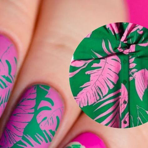 nail art inspo ° content creating ° product photo on Instagram: "It's Friday y'all! 🩷 And when I say Friday, I mean #hawaiianshirtmanifriday 🌺🌴🐠 This week's inspo was a shirt from Mango brand that was a dream-come-true Hawaiian piece when I first saw it 😍 Green and pink combo is just a pair made in heaven 🤩 For this set I used: 🌴 @kineticsnailsystems Tribe & Magenta Vibes * 🌴 @uberchicbeauty Mermaid Life 2 stamping plate * 🌴 @b.lovesplates B. Brave and Clear Vision stamper * #hawaiinail Magenta And Green Nails, Hawaii Nails, Nail Art Inspo, Content Creating, Nail Design Inspiration, Mermaid Life, It's Friday, Clear Vision, Stamping Plates