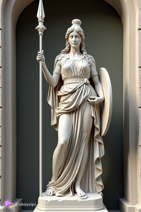 Athena, presented as the protector of sacred law, inspires reverence and respect. Her statue, with spear and shield, symbolizes her unwavering dedication to justice and order. #Athena #Protector #SacredLaw #GreekMythology #Goddess Athena Goddess Statue, Ancient Greek Statues, Spear And Shield, Greek Goddess Statue, Greek Mythology Statue, Justice Statue, Greek Goddess Art, Statue Greek, Goddess Of Justice