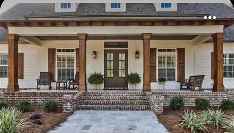 Front Porch Flowers, Porch Landscaping, Ranch House Exterior, House Front Porch, Porch Remodel, Porch Addition, Porch Columns, Front Porch Design, Flower Bed Ideas