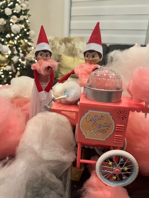 To elf on the shelf toys playing with a cotton candy machine with cotton candy beards Cotton Candy Elf On The Shelf, Elf 2023, Tradition Ideas, Cotton Candy Cakes, Candy Cake, Shelf Ideas, On The Shelf, Elf On The Shelf, Cotton Candy