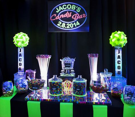 Neon Bar Mitzvah Candy Buffet 3 | Cool Neon Bar Mitzvah Cand… | Flickr Candy Buffet Party, Glow In Dark Party, Mitzvah Decor, Buffet Party, Bar Mitzvah Party, Bar Mitzva, Blacklight Party, Dark Party, 13th Birthday Parties