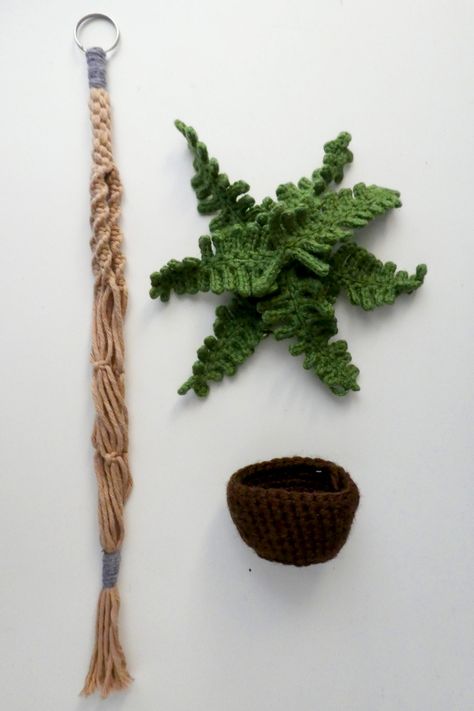 Adorable Mini Crochet Fern In A Macrame Holder - Crochet Mini Plant Hanger For Car, Crochet Plant Leaves, Crochet Palm Tree Pattern Free, Crocheted Plants Free Pattern, Crochet Fern Leaf Free Pattern, Crochet Mini Plant Hanger, Crochet Succulents Free Pattern, Crochet Mini Plant, Crochet Fern