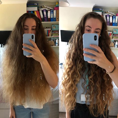 Left is hair when brushed and frizzy, right is hair day two after wash showing my wavy hair Wavy Frizzy Hair, Frizzy Wavy Hair, Oily Scalp, Aesthetic Eyes, Long Wavy Hair, Dry Hair, Hair Day, Wavy Hair, Hair Inspiration