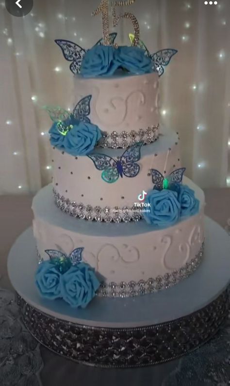 Quince Cakes, Butterfly Birthday Theme, 15th Birthday Cakes, Blue Birthday Cakes, 6th Birthday Cakes, Fondant Cake Designs, Blue Birthday Parties, Quinceanera Cakes, Purple Wedding Cakes