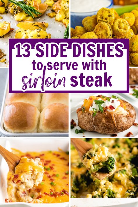 Collage showing sides for steak. Veggies To Go With Steak, Sides For Cube Steak, Beef Tenderloin Sides Dishes, Pork Steak Sides, Sides To Serve With Steak, Pasta Sides For Steak, Sides Dishes For Steak, Steak Dinner Ideas Sides Vegetables, Side Dishes For Steak Dinner