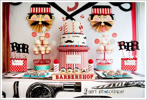 Barbershop themed party - definitely the most creative theme I've seen.  It's so cute! I love the mustaches on the cake. Baby Shower Cupcakes For Boy, Boy Shower Themes, Cupcakes For Boys, Mustache Party, Cakes And Desserts, Birthday Themes For Boys, Cake Blog, Boy Baby Shower Themes, Construction Party