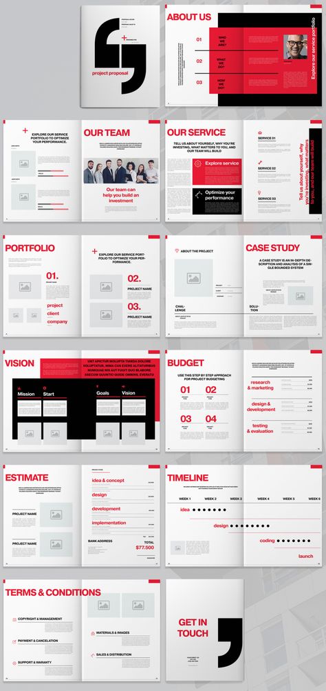 Proposal Layout, Red Elements, Illustrator Template, Business Report, Annual Report Design, Portfolio Case, Timeline Design, Report Design, Project Proposal