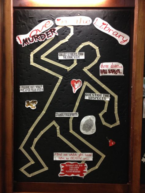 Library murder mystery bulletin board (valentines day theme!) Mystery Bulletin Board, Bulletin Board Valentines, Testing Themes, Announcement Board, Classroom Display Boards, Valentines Day Theme, Spy Games For Kids, Staff Ideas, Detective Theme