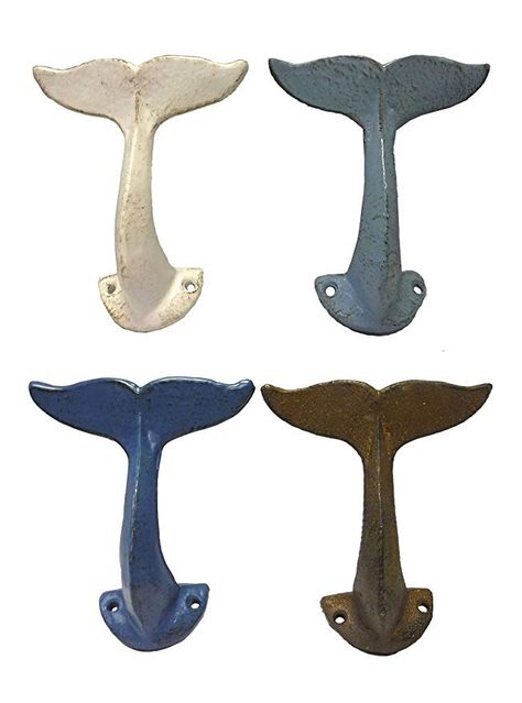 Set of 4 Assorted MayRich Cast Iron Whale's Tails Decorative Wall Hooks Cast Iron Set, Beachfront Decor, Outdoor Pool Area, Distressed Walls, Beach Kitchens, Decorative Wall Hooks, Wall Mounted Hooks, Coastal Colors, Beach Wall Decor