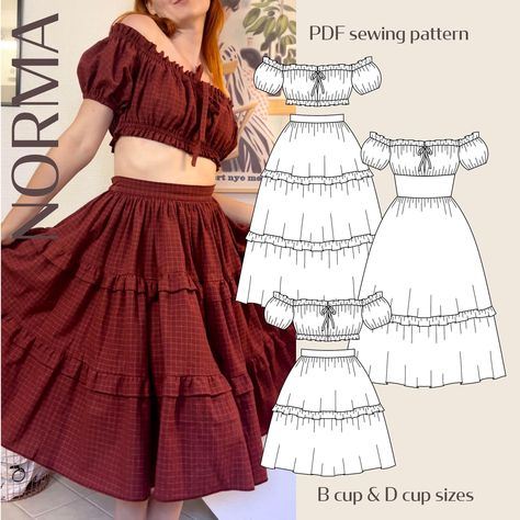 PDF Digital Sewing Pattern for Norma Romantic Cottagecore Dress and Two piece with Multiple Options Size range: EU//US - B CUP 32-46//2-16 EU//US - D CUP 46-60//16-30 The Norma pattern takes it's vintage inspiration from both the 50s and 70s. It's a peasant inspired dress and two piece pattern with some cute tie band details, off shoulder puffy sleeves and a tiered ruffle skirt. Top, skirt and dress has elastic and no difficult closure. Choose between three different tiered skirt designs. Skirt options can be mixed and matched. SKILL LEVEL: Advanced Beginner +, 2,5 out of 4 INSEAM POCKET BAG PATTERN INCLUDED. This is a PDF sewing pattern for download only. After purchasing, you will be able to download one ZIP file with thirteen PDF file included: - Instruction booklet (37 pages) - A4 patt Work Skirt Pattern, Goth Skirt Sewing Pattern, Tiered Circle Skirt, Peasant Skirt Pattern, Wool Sewing Pattern, Puffy Skirt Pattern, Beginner Sewing Patterns Clothes, Dark Academia Sewing Pattern, Cute Sewing Projects Clothes