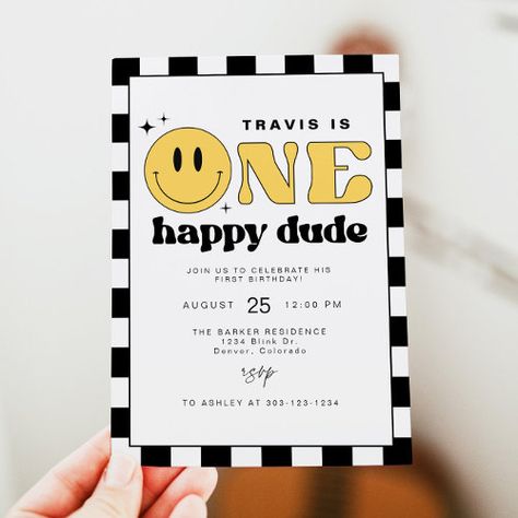 Travis One Happy Dude Smile Face First Birthday Invitation #zazzle #weddinginvitations #birthdayinvitations #babyshowerinvitations #zazzleinvitations #monogram #businesscards #graduation #homedecor Happy Face Birthday, Emoji Birthday Invitations, One Happy Dude Birthday, Rock And Roll Birthday, One Happy Dude, Checkered Background, Yellow Smiley Face, Emoji Birthday, Boy Birthday Invitations