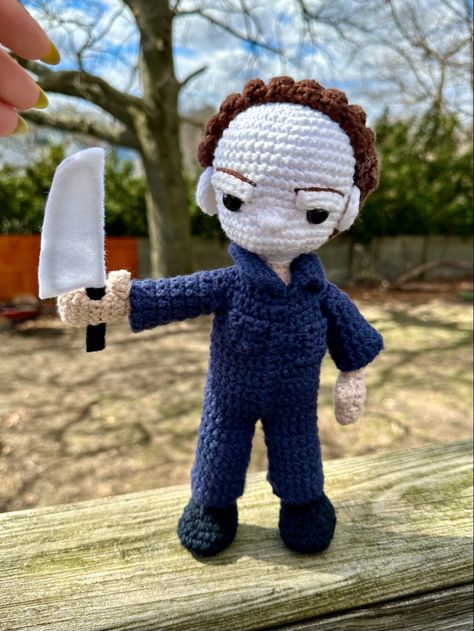 Handmade crocheted bendable Michael Myers doll by me. Michael Myers Crochet Pattern Free, Michael Myers Crochet, Crochet Cat Bed, 29th Birthday, John Carpenter, Michael Myers Halloween, Crochet Cat, Michael Myers, Doll Crafts