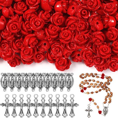 Amazon.com : 140 Pcs Rosary Making Supplies Carved Rose Beads Flower Beads Rosary Kit Cross Centerpiece Crucifix Medal, 8 mm Rose Flower Beads Silver Jesus Maria Pendant for Rosary Bracelet Necklace (Red) : Arts, Crafts & Sewing Homemade Rosary Ideas, Rosary Making, Rosary Jewelry, Beads Rosary, Rose Beads, Beads Flower, Rosary Bracelet, Necklace Red, Flower Beads