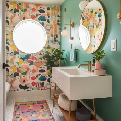 Painted Bathroom Cabinets Boho, Mid Century Modern Bathroom Decor Ideas, Simple Colorful Bathroom, Funky Guest Bathroom Ideas, Contemporary Boho Bathroom, Small Bathroom Bright Colors, Fun Colorful Bathroom Ideas, Bathroom Ideas Colourful, Small Bathroom Remodel Colorful