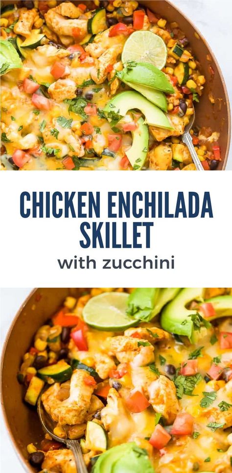 Looking for an easy back to school dinner recipe? This 30 Minute Zucchini Chicken Enchilada Skillet a healthy weeknight dinner idea that comes together in one pan! This easy Chicken Enchilada Skillet is filled with zucchini, corn, black beans, zesty enchilada sauce then covered in cheese – the perfect light & easy meal for a busy week. Joyful Healthy Eats, Light Easy Dinner, Zucchini Chicken, Enchilada Skillet, Chicken Enchilada Skillet, Everyday Dinners, 30 Minute Meals Healthy, Zucchini Corn, Main Recipes