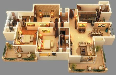 Shipping Furniture, Three Bedroom House Plan, Modern House Floor Plans, 3d House Plans, House Plans Mansion, House Floor Design, Apartment Floor Plans, Sims House Plans, House Construction Plan