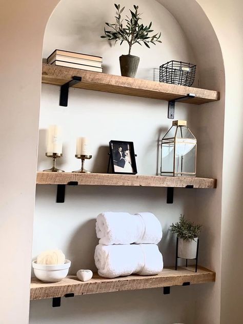 Bathtub Between Vanities, Bathroom Ideas Shelves Above Toilet, Mirror Above Bathtub, Wood Bathroom Shelves Over Toilet, Bathroom Shelves Decor Ideas Modern, Open Shelves In Bathroom Above Toilet, Shelves Above Bathtub Farmhouse, Natural Wood Bathroom Shelves, Shelves Above Bathtub Master Bath