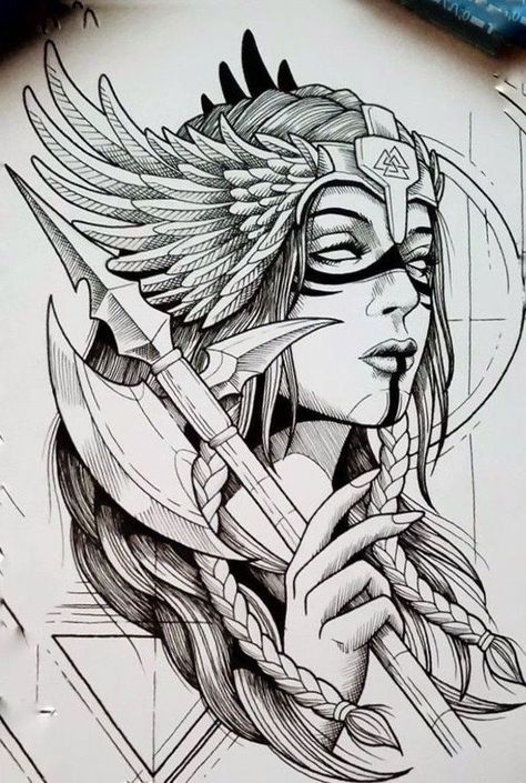 Valkyrie Sketch Tattoo, Female Gladiator Tattoo, Valkyrie Art Drawings, Freyja Goddess Tattoo, Viking Girl Tattoo, Viking Tattoos For Women Norse Mythology, Female Viking Tattoo, Viking Valkyrie Tattoo Design, Female Face Tattoo Ideas