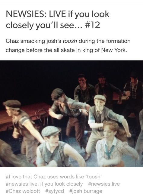 NEWSIES: LIVE if you look closely you'll see #12 Credits: nobody-told-the-Horse //tumblr Jojo Newsies, Newsies West End, Newsies Live If You Look Closely, Newsies Tumblr, Theater Jokes, Crutchy Newsies, Newsies Musical, Newsies Spot Conlon, Newsies Live