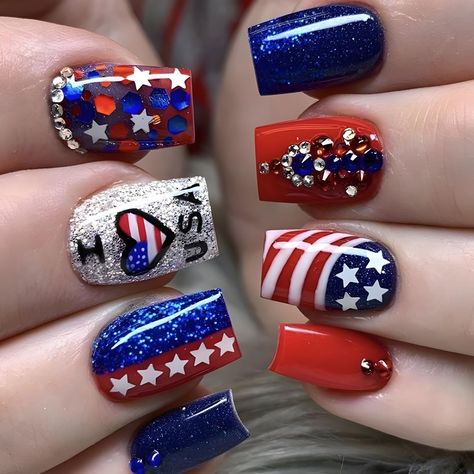 PRICES MAY VARY. 🌟【Perfect for Fourth of July celebrations】: Show off your patriotic spirit with this Independence Day-themed press on nail set featuring red, white, and blue elements. 🌟【Short and square shape】: The nails in this set have short length and square shape, providing a natural and subtle look that is perfect for everyday and any occasion wear. 🌟【Easy to apply and remove】: With our included 24 jelly glue and 1 nail removal wooden sticker, you can apply and remove these nails with e Square Short Acrylic Nails, Independence Day Nails, Nails With Stars, Nails 4th Of July, Nails Red, Nails For Women, Stick On Nails, Usa Flag, False Nails