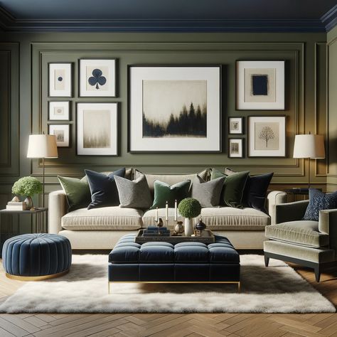 olive green and navy blue living room Olive And Teal Living Room, Navy And Olive Bedroom, Blue And Green Room Ideas, Green Navy Living Room, Navy And Olive Living Room, Olive Green Room Ideas, Olive Green Decor Living Room, Blue And Green Living Room Color Scheme, Navy And Green Living Room