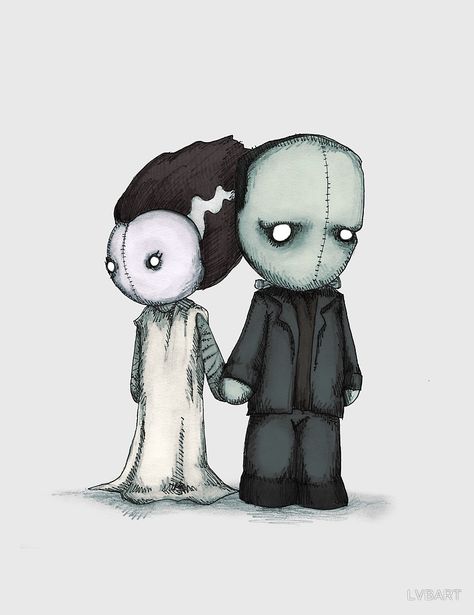 "frankie & bride" | LVBART Frankenstein Bride, Frankenstein Art, Horror Cartoon, Tim Burton Art, Creepy Drawings, Horror Movie Icons, Commissioned Artwork, Bride Of Frankenstein, Creepy Art