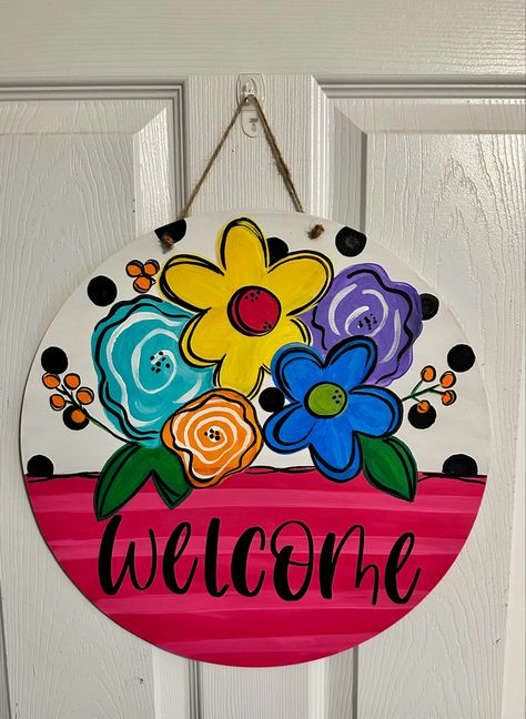 Name Plate Diy Cute Ideas, Lazy Susan Crafts, Round Mdf Board Painting Ideas, Welcome Sign Front Door Diy Ideas, Welcome Painting, Spring Door Decoration, Name Plate Design, Door Signs Diy, Art And Craft Videos