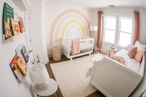 #babyroom #babyboyroom #babygirlroom Nursery Rainbow Theme, Baby Girl Nursery Rainbow, Rainbow Theme Nursery, Rainbow Nursery Theme, Rainbow Themed Nursery, Changing Table With Drawers, Ivy Room, Rainbow Mural