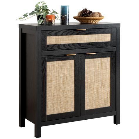 Modern Buffet Cabinet, Mid Century Modern Buffet, Kitchen Buffet Cabinet, Dining Room Black, Rattan Cabinet, Rattan Door, Farmhouse Storage Cabinets, Drawer Dimensions, Rattan Sideboard