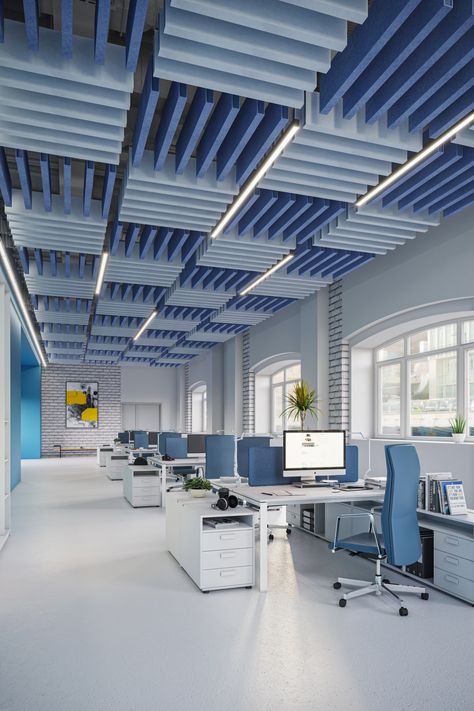 Into the Blue - Open Office Acoustical Solutions Baffle Ceiling, Acoustical Ceiling, Sustainability Projects, Open Space Office, Open Ceiling, Acoustic Solutions, Ceiling Installation, Divider Wall, Open Office