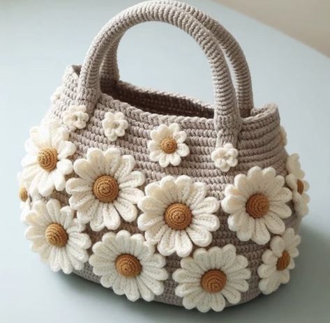 Crochet Bag Decoration Ideas, Tote Crochet, Crocheted Bags, Free Crochet Bag, Bags Ideas, Bag Pattern Free, Pola Amigurumi, Crochet Market Bag, Crochet Sunflower