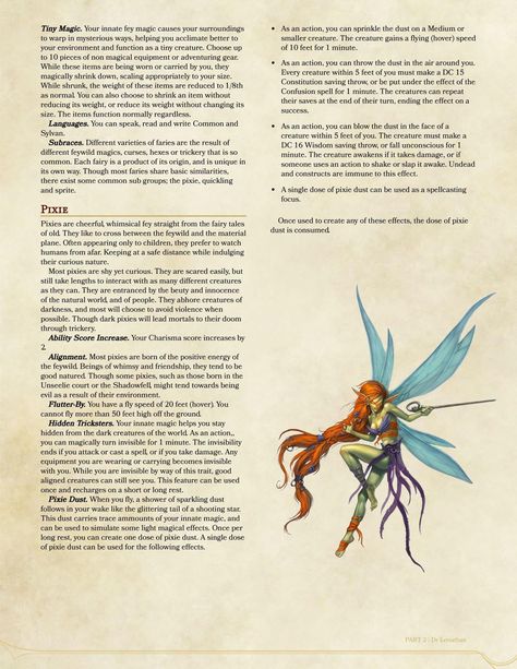 [5E Race] Playable fairy race! Play as the tiny fey you were meant to, with three distinct subraces! : r/DnDHomebrew Fairy Dnd 5e, 5e Races, Home Brewery, Dnd 5e Homebrew, Witchy Stuff, Home Brewing, Meant To Be