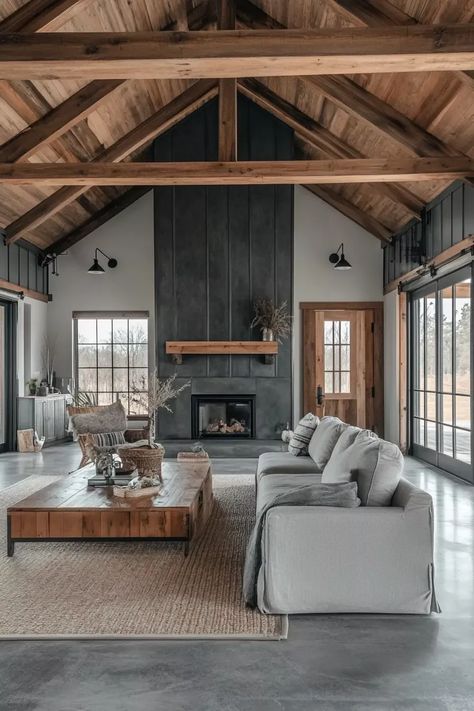 Modern Farmhouse Dark Interior, Joanna Gaines Barndominium, Modern Style Barndominium, Barndominium Cottage Ideas, French Style Barndominium, Modern House Big Windows, Living Room Designs Barndominium, Barndominium Vaulted Ceiling, Exterior Ideas For House