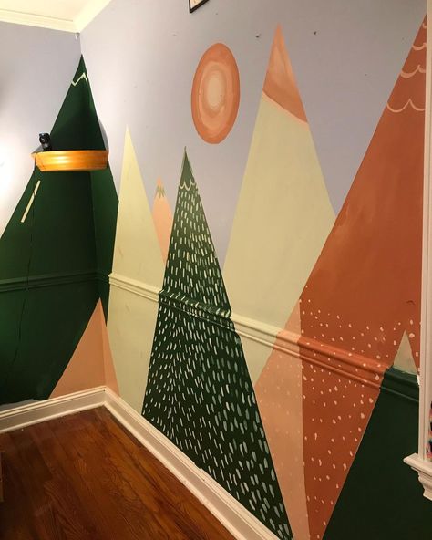 Sky💫 on Instagram: “Made a little surprise mural for my kiddo last night. Took about four hours~ using the leftover paint we had in our basement.” . . . . . . #mural #muralwall #kidsroom #mountains #mountainmural #kidsroominspo #kidsroomideas #colorful #colorfulhome #colorfulkidsroom #kids #bedroom #painting #art #playroom #babyroom #nursery #homedecor #homedesign #bedroominspo #bedroominspiration #madebyhand #homemade #DIYproject #interiordesign #interior #interiors #color #bright #cheerful Mountain Mural Color Palette, Basement Mural, Mountain Scape, Magical Room, Mountain Mural, Bedroom Painting, Art Playroom, Colorful Kids Room, Leftover Paint