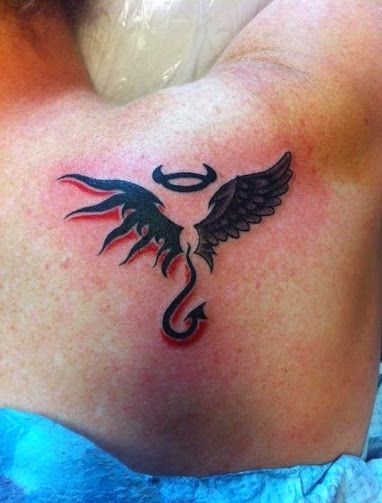 18 Powerful Devil Tattoo Designs To Look Aggressive In 2019 Halo And Horns Tattoo, Devil Horns Tattoo, Angel Demon Tattoo, Good And Evil Tattoos, Angel Devil Tattoo, Halo Tattoo, Evil Tattoos, Devil Tattoo, Demon Tattoo