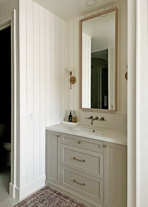 Vertical Shiplap Primary Bathroom Reveal | Vertical Shiplap In Bathroom, Bathroom With Vertical Shiplap, Shiplap Bathroom Wall, Benjamin Moore Simply White, Vertical Shiplap, Beadboard Bathroom, Bathroom Paneling, Shiplap Bathroom, Primary Bathroom