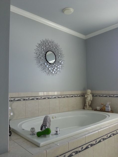 A gorgeous blue/gray paint tone for this master bathroom in Schnecksville, PA. Blue Bathroom Paint Colors, Bathroom Paint Colors Blue, Grey Bathroom Paint, Blue Interior Paint, Blue Bathroom Paint, Light Blue Paint Colors, Blue Bathroom Walls, Light Blue Bathroom, Blue Gray Bedroom